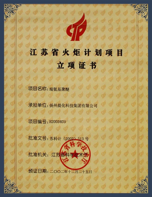 江蘇省火炬計(jì)劃項(xiàng)目立項(xiàng)證書(shū)