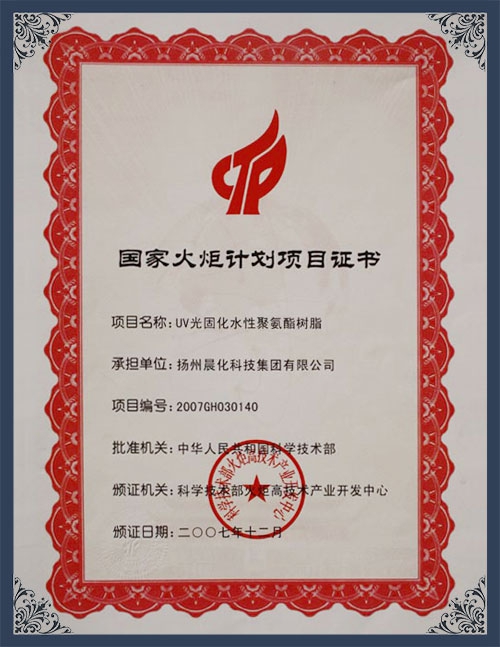 江蘇省火炬計(jì)劃項(xiàng)目證書(shū)